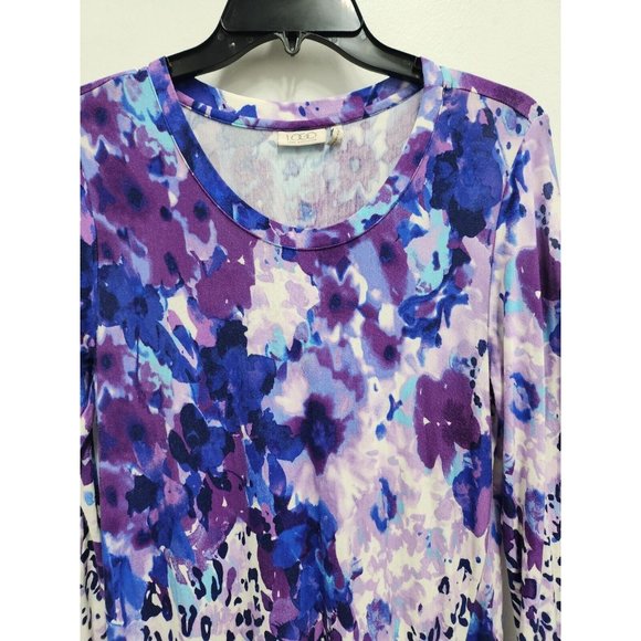 LOGO Lori Goldstein Womens Tunic Top Small Purple White Floral Jersey Sharkbite - Picture 2 of 7